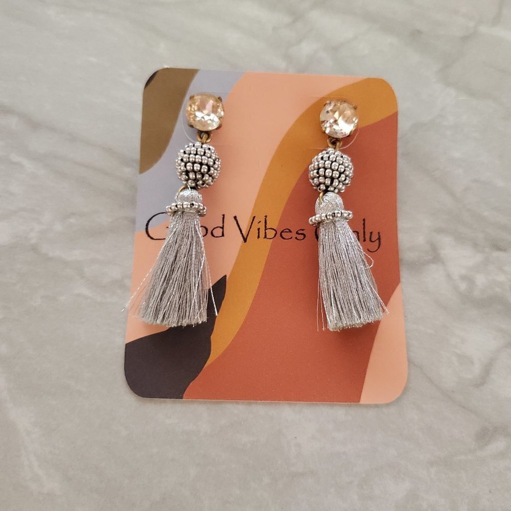 ✨ J.Crew Silver Beaded Rhinestone Crystal Tassel Drop Dangle Earrings ✨